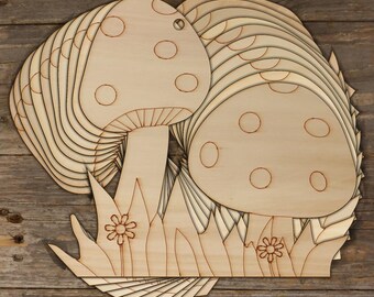 10x Wooden 2 Toadstool and Grass Tableau Craft Shape 3mm Ply