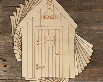 10x Wooden Beach Hut with Sign Craft Shape 3mm Ply Seaside Holiday