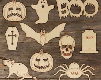 Set of 10 Wooden Halloween Craft Shapes 3mm Ply Halloween and Spooky