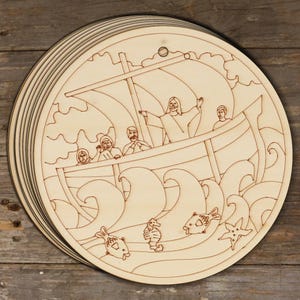 10 discos de madera con la imagen de Jesús calmando la tormenta, de 3 mm de espesor, para manualidades, historias bíblicas y cristianas