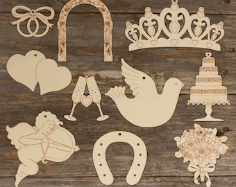 Set of 10 Wooden Wedding Craft Shapes 3mm Ply Wedding Favors