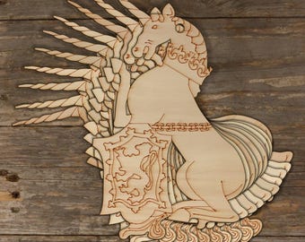 10x Wooden Scotish Unicorn Sitting with Shield Craft Shape 3mm Ply