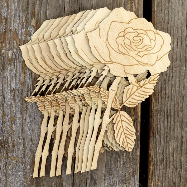 10x Wooden Rose Flower And Stem Craft Shapes 3mm Plywood Flowers Plants And Tree