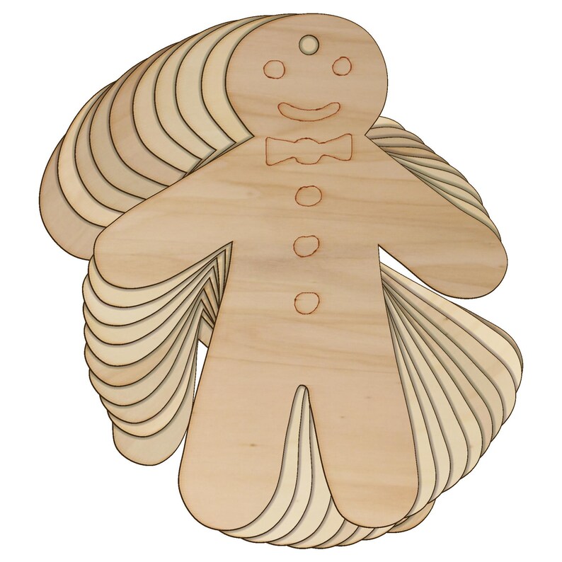 May include: A stack of 10 unfinished wooden gingerbread man ornaments. The ornaments are ready to be painted or decorated.
