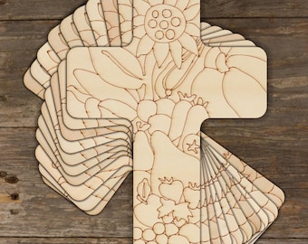 May include: A stack of 12 unfinished wooden cross shapes with a floral design. The cross is ready to be painted or stained.