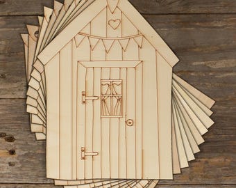 10x Wooden Beach Hut with Bunting Craft Shape 3mm Ply Seaside