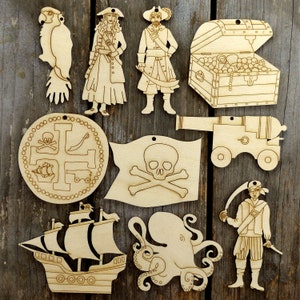 10x Pirate Craft Shapes 3mm Compensato Mix A Ship Figures Octopus Cannon Coin