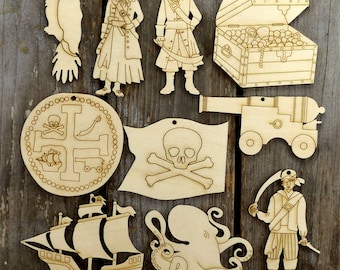 10x Wooden Pirate Craft Shapes 3mm Plywood Mix A Ship Figures Octopus Cannon Coin