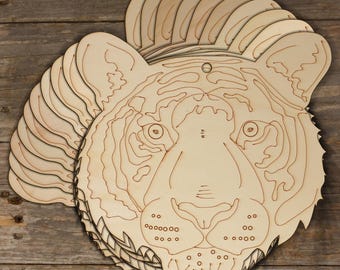 10x Tigerhuvuden i trä, formad som framsida, 3 mm plywood, safaridjur