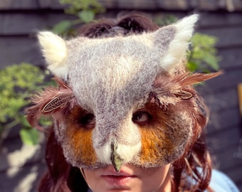 Hand-Felted Horned Owl Mask – Wearable Sculpture.