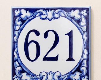 Blue House number signs, Spanish house number plaque, hand painted ceramic house signs , ceramic address plaque,