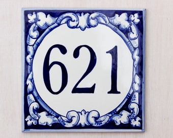 Blue House number signs, Spanish house number plaque, hand painted ceramic house signs , ceramic address plaque,