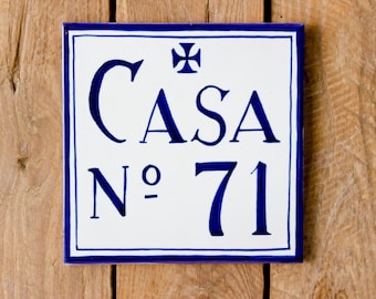 Old Spanish House Number Plaque, Blue  Personalized House Sign for home,  Custom Outdoor name sign, hand painted tile house number