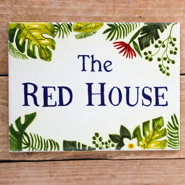 Numéro de maison avec feuilles tropicales, carreaux de céramique personnalisés avec nom, panneaux de maison, panneau personnalisé avec nom,