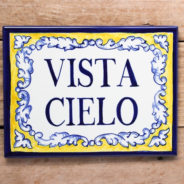 Carrelage personnalisé de la Renaissance sévillane peint à la main, carreau de céramique avec numéro de maison, signe fait à la main, décoration murale