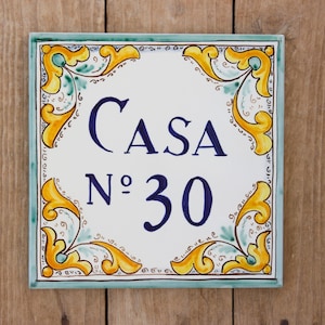 Azulejo personalizado italiano pintado à mão em verde, azulejo cerâmico com número de casa, sinal feito à mão, decoração de parede