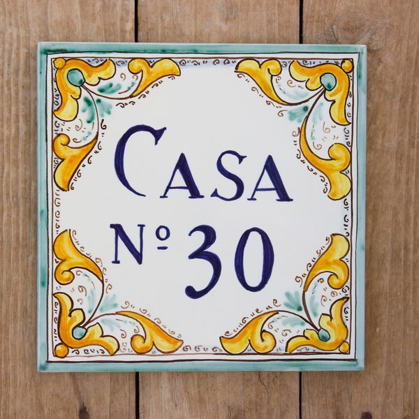 Carreau personnalisé vert peint à la main italien, numéro de maison, signe de carreaux en céramique, décoration murale artisanale