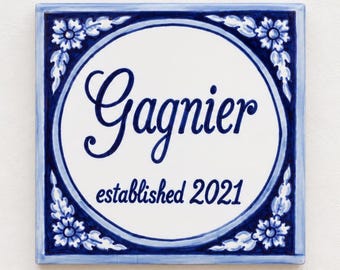 Blue flowers custum house sign, house name sign, house plaque, garden plaque, adress plaque, name sign for home, personalized sign for home