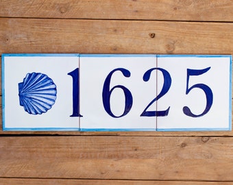 Address plaque with shell, house number plaque, ceramic address sign, Spanish house plaque, outdoor house number sign