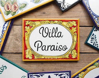Spanish House Sign in Red - Hand-Painted Ceramic Address Plaque - Custom Villa Tile - Rustic Mediterranean Outdoor Home Decor