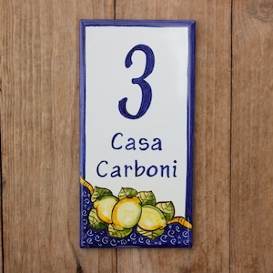 Handbemalte Zitronenhaus-Plakette, Keramikfliese im italienischen Stil, personalisiertes rustikales Schild, Amalfiküste, Sizilien