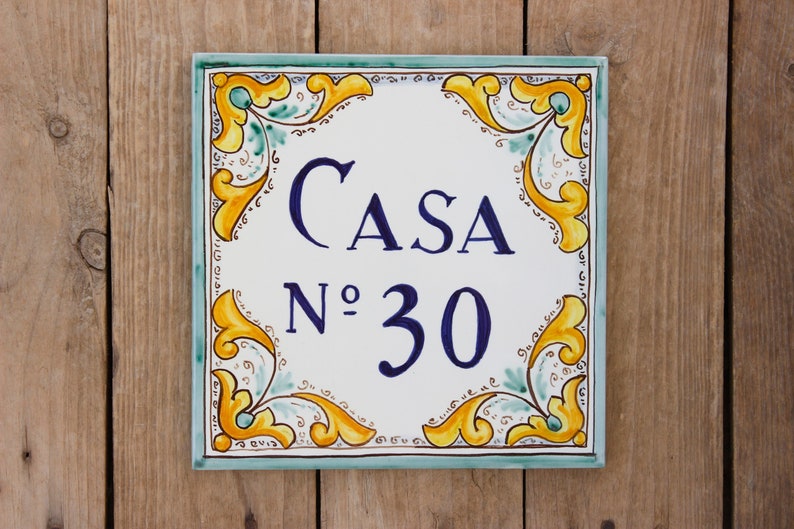 Green Italian House number tile, signs for home, personalized tile, ceramic house sign, hand painted tile, house name sign, adress plaque, image 1