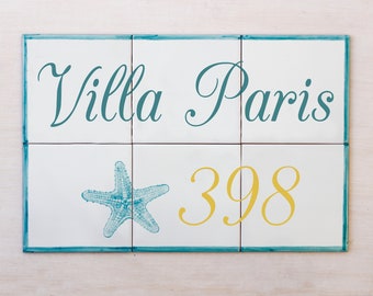 Starfish house number sign, address plaque for beach house, custom beach address sign,house number plaque, Personalized Beach House Sign