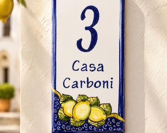 Hand Painted Lemon Tile House Plaque – Italian Ceramic Sign – Custom Amalfi Coast Address – Rustic Sicily Style Home Number