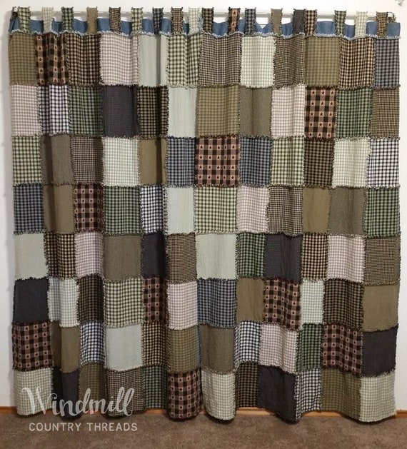 Farmhouse Curtain Panels With Tabs Set Of 2 Rag Quilt Rustic Country Home Decor Handmade Shabby Chic