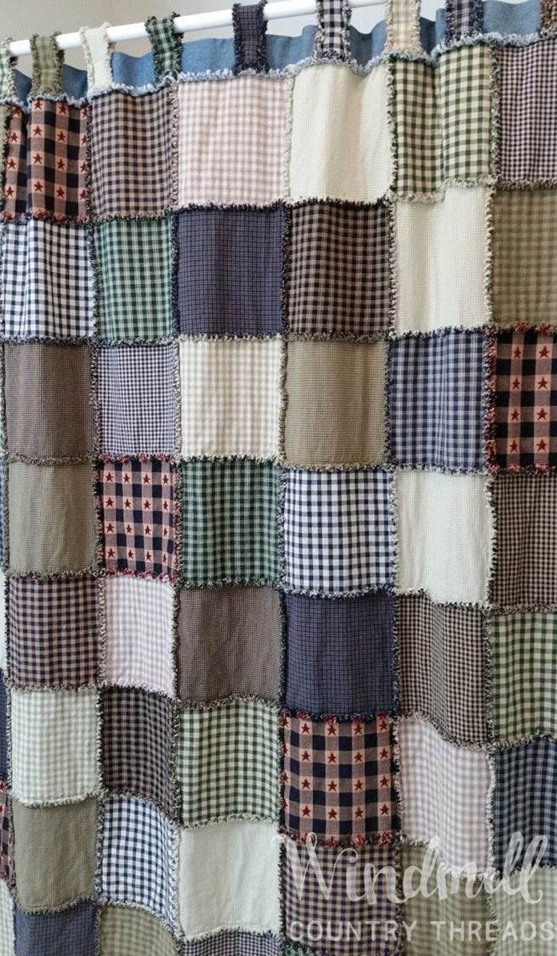Farmhouse Shower Curtain With Tabs Rag Quilt Rustic Country Etsy