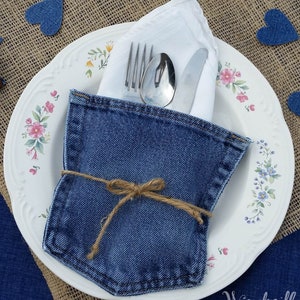 Denim Pockets, Silverware Holder, Denim Wedding Decor, Utensil Holder image 6