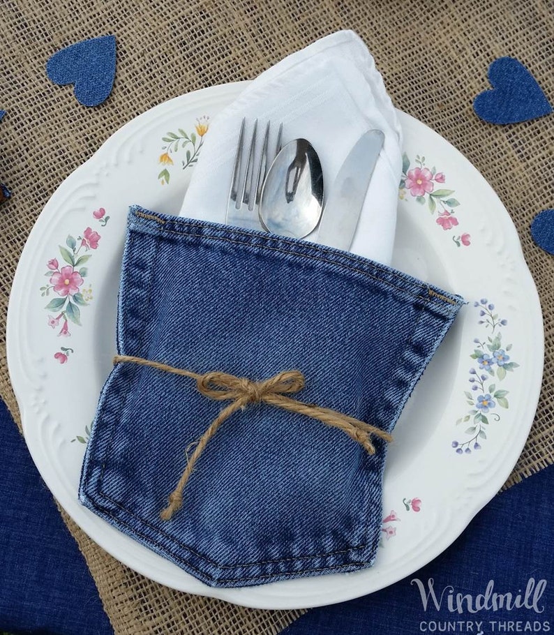 Denim Pockets, Silverware Holder, Denim Wedding Decor, Utensil Holder image 6