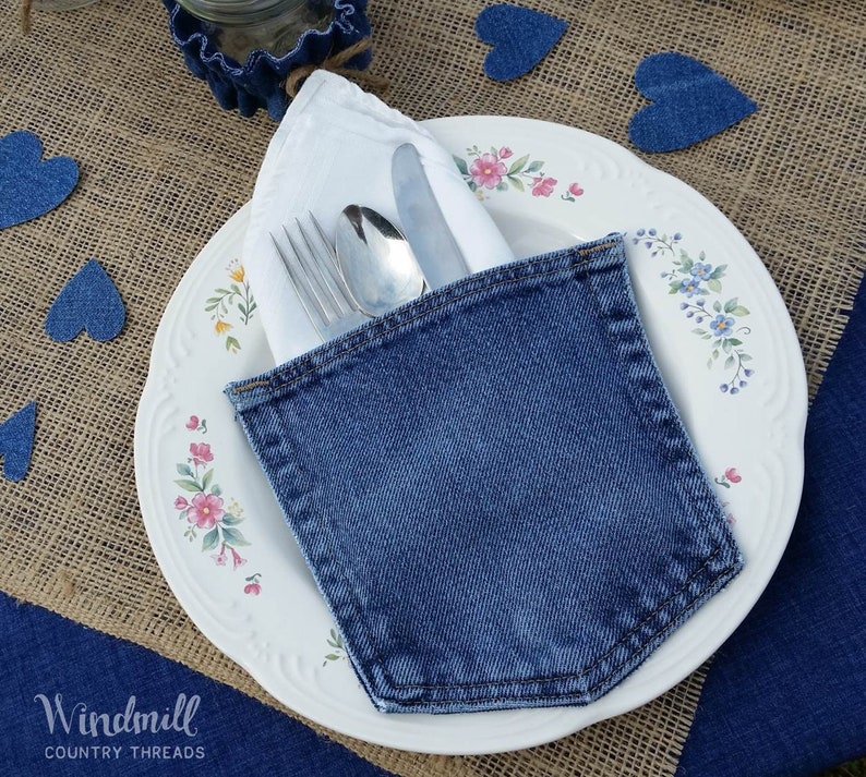 Denim Pockets, Silverware Holder, Denim Wedding Decor, Utensil Holder image 4