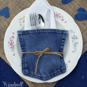 Denim Pockets, Silverware Holder, Denim Wedding Decor, Utensil Holder image 2