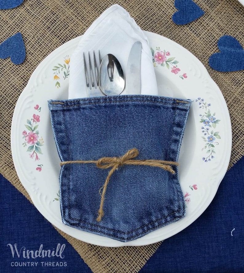 Denim Pockets, Silverware Holder, Denim Wedding Decor, Utensil Holder image 2