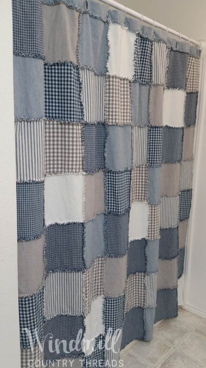 Farmhouse Shower Curtain Blue White Gray Rag Quilt Cool Clean Colors Rustic Country Bathroom Decor Shabby Chic