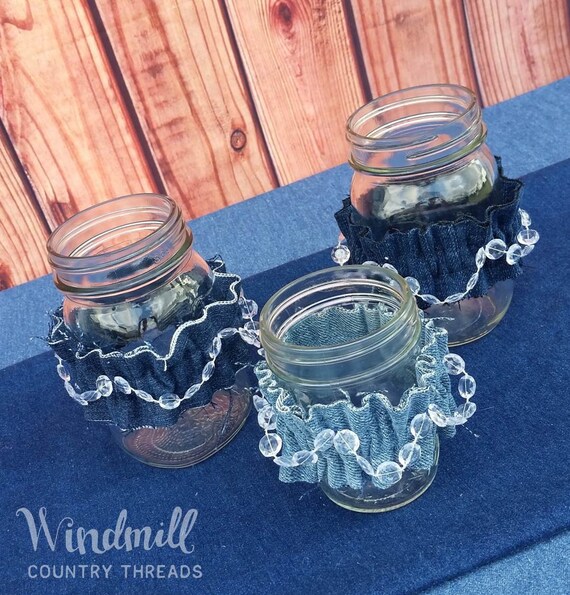 Denim And Diamonds Mason Jar Small Sleeves Pint Jar Cuffs Etsy