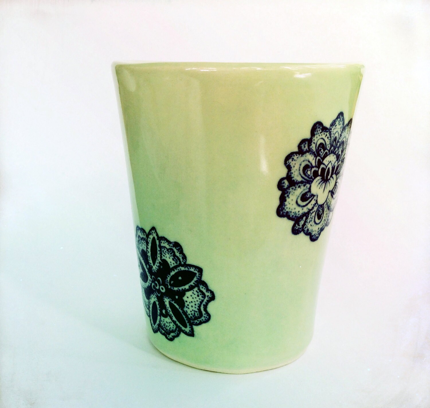 Handmade ceramic tumbler with underglaze decals. Etsy