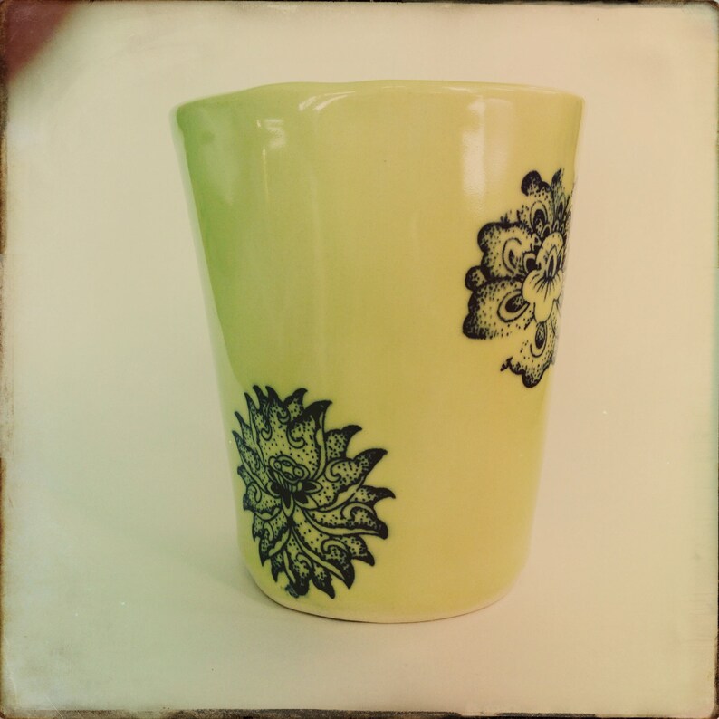 Handmade ceramic tumbler with underglaze decals. Etsy