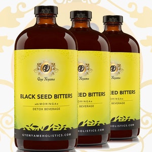May include: Three glass bottles of black seed bitters with moringa detox beverage. The bottles are labelled with the brand name "Gye Nyame" and the website "gyenyaameholistics.com".