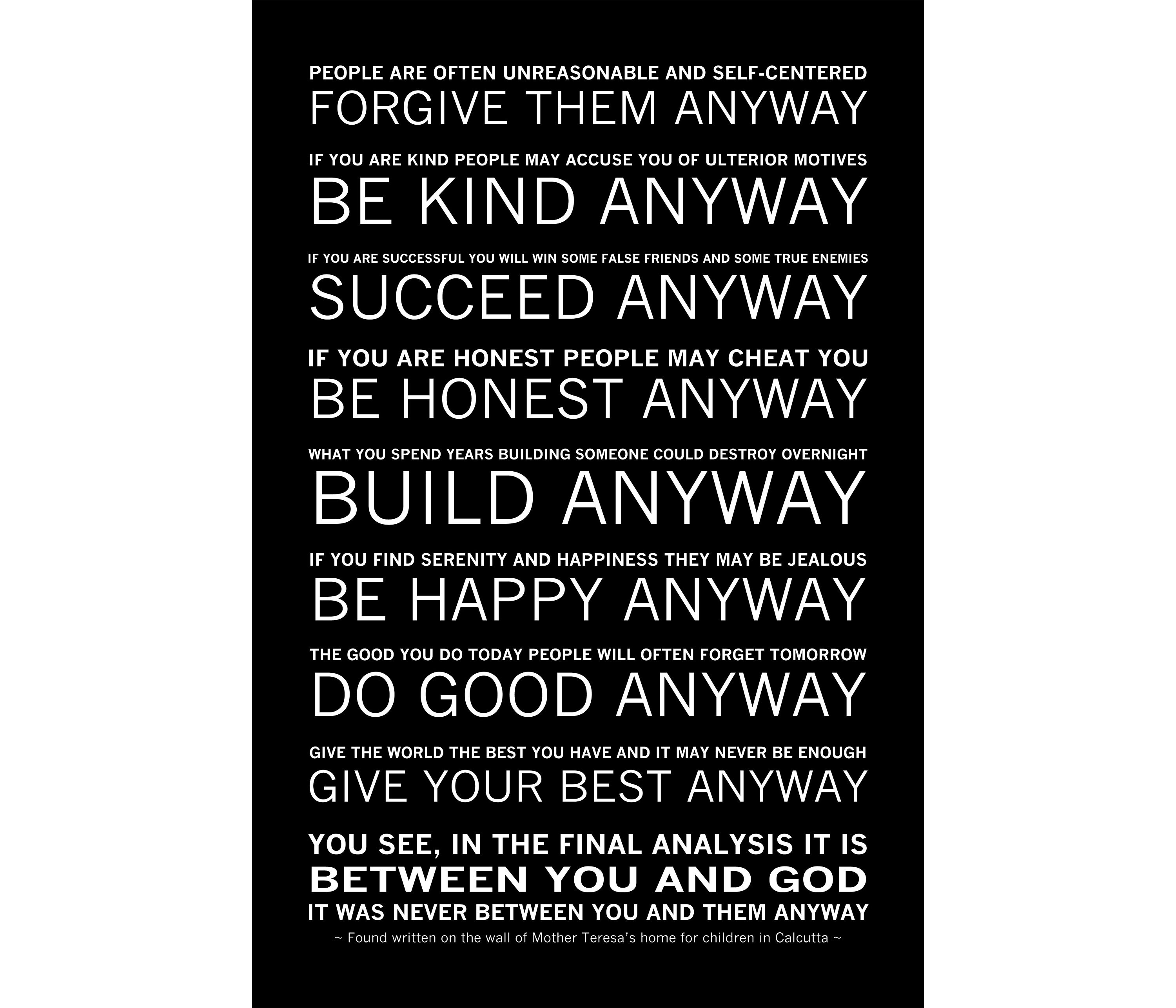Mother Teresa Prayer Anyway Mother Teresa's Do It Anyway Poem Available Sizes | Etsy Australia