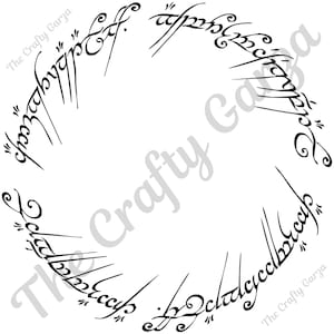 May include: A black and white circular design featuring stylized script. The text is arranged in a ring, with each character carefully drawn. The design is reminiscent of a fantasy theme, with the words "The Crafty Garza" in the background.