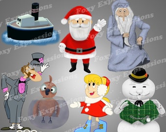 Klassische x-mas Characters Pack 3 kommt mit 7 Clipart. Winter Warlock, Professor Hinkle, Santa, Sam der Schneemann, Karen und 2 Misfit-Spielzeuge