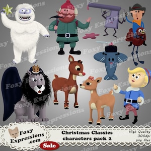 Classic X-mas Characters Pack 2 clipart wordt geleverd met 9 stuks. Bumble, Yukon Cornelius, Hermey the Elf, Rudolph, Clarice, King Moonracer, enz.