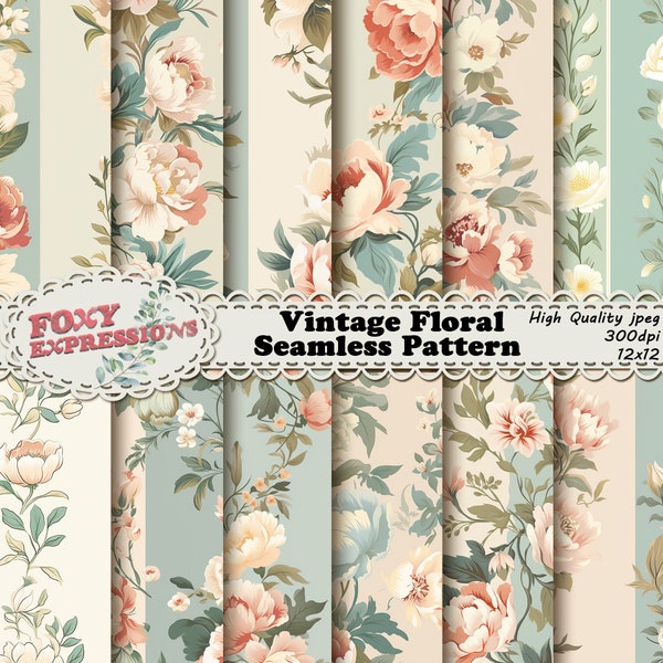 Patrón de papel digital floral SIN COSTURAS, presenta peonías en flor en tonos crema, rubor y coral, intercaladas con capullos y follaje