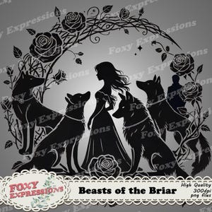 File PNG di Beasts of the Briar. Rosie, Kel, Ezryn, Farron, Dayton e Caspian circondati da spine e rose. Molto dettagliato. Alta qualità.