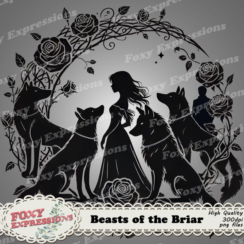 May include: Black and white silhouette illustration of a woman in a long dress standing with four wolves around her. The woman is surrounded by roses and vines. The text "Beasts of the Briar" is at the bottom of the image.