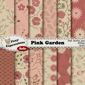 Das digitale Papier ist in Rosa-, Grün- und Cremetönen erhältlich. Designs umfassen Blätter, Rosen, Gänseblümchen, Mohnblumen, Stiele mit Knospen & mehr