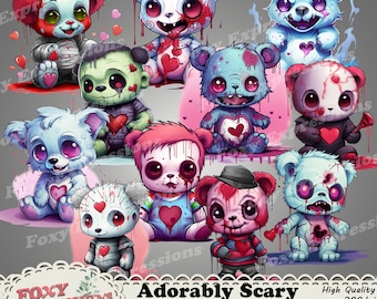 Adorably scary digital clipart. Both cute and eerily horror. Pinhead, Micheal Myers, Freddy Krueger, Pennywise, Frankenstein's Monster, etc.