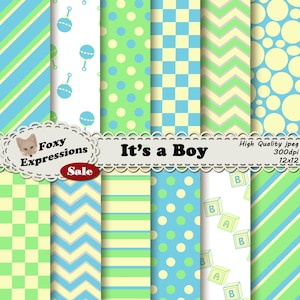 Baby Boy Digital Paper with fun baby block stripes, ratttle polka dots, chevron, etc in blue, green & yellow for personal and commercial use